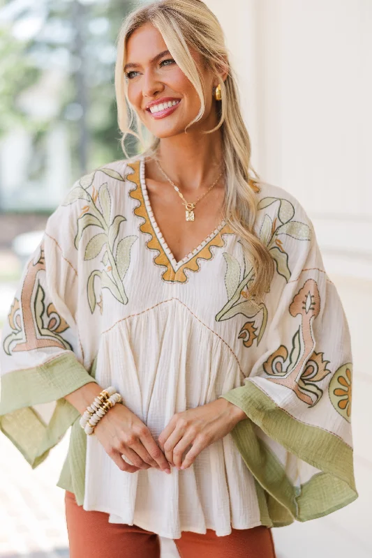 Leisure Travel What You Love Natural/Sage Embroidered Blouse