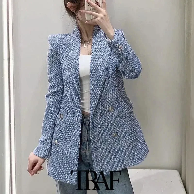 Chic Outfits Women's Double-Breasted Tweed Blazer