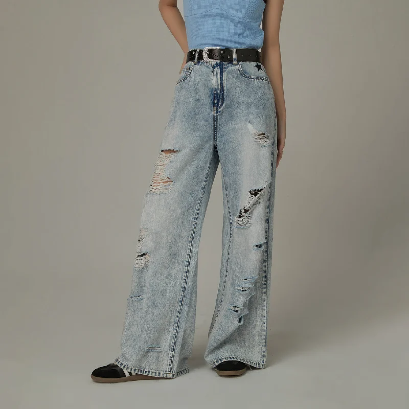 Cozy Sweaters Distressed Straight Wide-Leg Denim Jeans