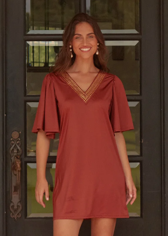 Trendy Traveler Copper Flutter Sleeve Shift Dress