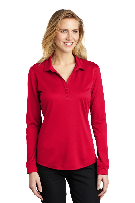 Simple Style Port Authority Womens Silk Touch Performance Moisture Wicking Long Sleeve Polo Shirt - Red
