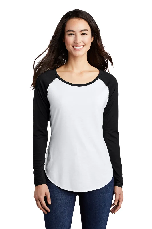 Fashion Design Sport-Tek Womens Moisture Wicking Long Sleeve Scoop Neck T-Shirt - White/Black - Closeout Fashion Design Sport-Tek Womens Moisture Wicking Long Sleeve Scoop Neck T-Shirt - White/Black - Closeout