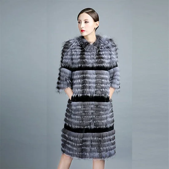 Simple Comfort Women's Winter Warm Silver Color Fox Fur Long Knitted Jackets Outerwear