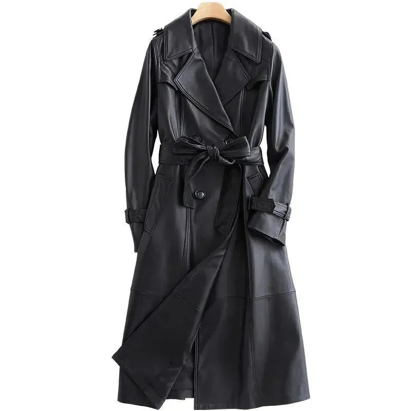Comfortable Sweaters Black Lapel Leather Trench Coat for Women