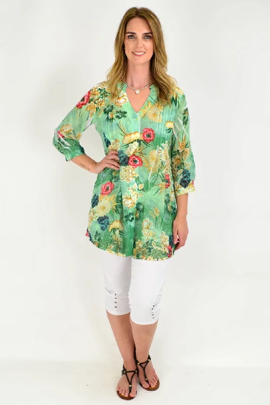 Slim Fit Green Floral Pleated Tunic Shirt