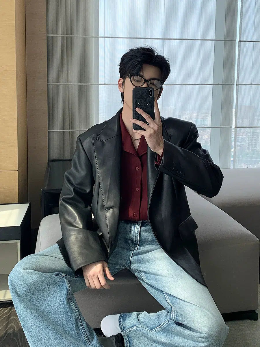 Comfort Fit Loose-fit Faux Leather Blazer