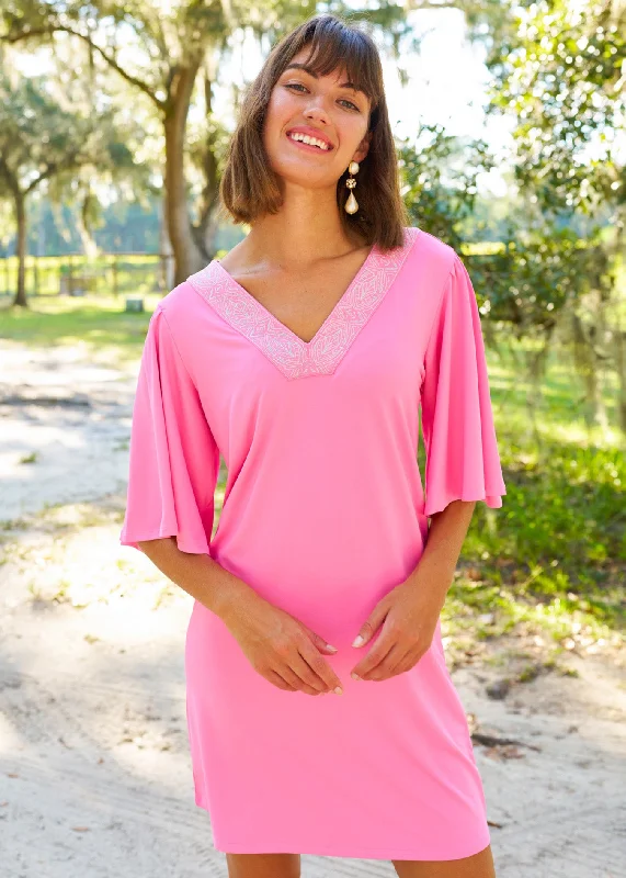 Single-shoulder Neck Design Pink Flutter Sleeve Shift Dress