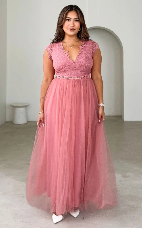 Light Comfort Caleigh Lace Tulle Maxi Dress - Rose