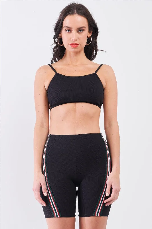 Perfect Tailoring Black Striped Detail Ribbed Open Back Sleeveless Top & High Waist Biker Shorts Set