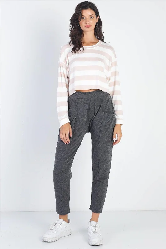 Stretch Design Charcoal Front Pocket Detail High Waist Jogger Pants