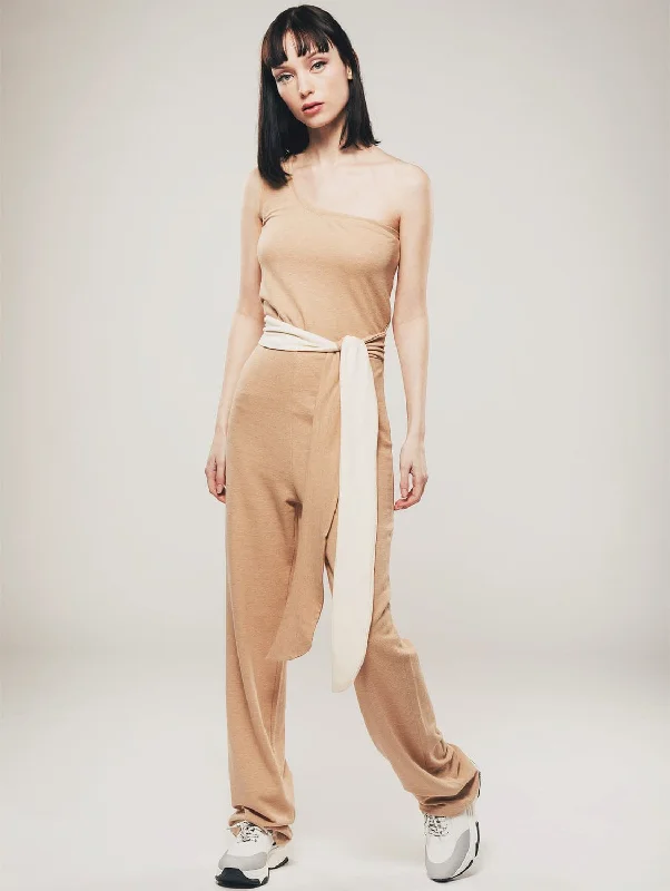 Chic Comfort Wear Organic Cotton One Shoulder Jumpsuit | Light Brown