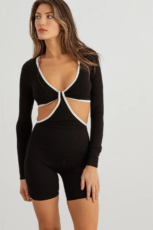 Ultra-lightweight Ribbed Front Knot Cut-Out Long Sleeve Romper
