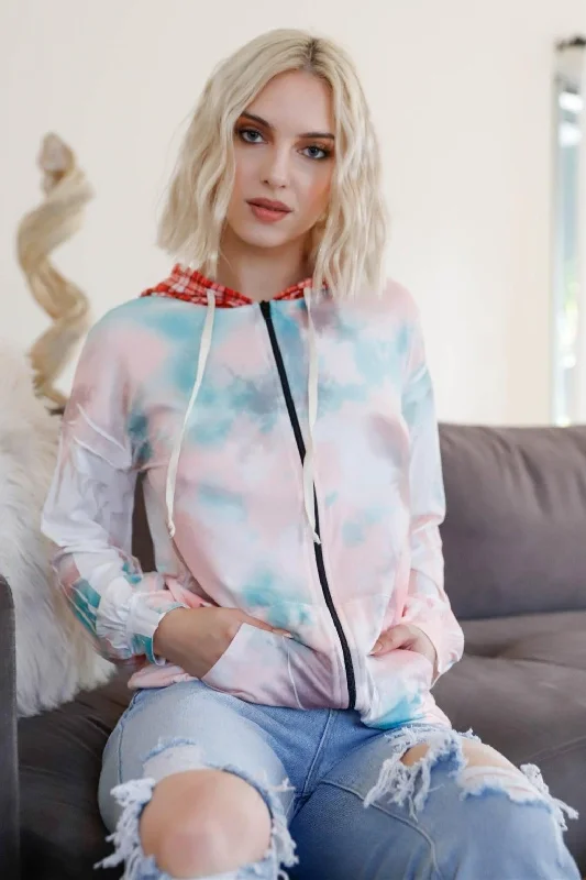 Low-key Luxury Dreamy Pastel Tie-Dye Plaid Accent Hoodie