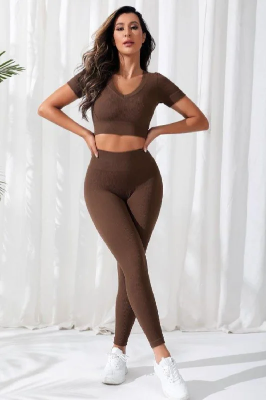 Effortless Elegance V-Neck Crop Top and High Waistband Long Active Pants