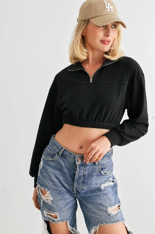 Modern Tailoring Black Zip-Up Mock Neck Long Sleeve Elastic Hem Crop Top /1-2-2-1