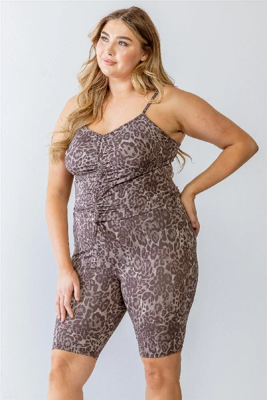 Comfy Chic Wear Junior Plus Mocha Leopard Print Elasticized Sleeveless Ruched Top & High Waist Shorts Set