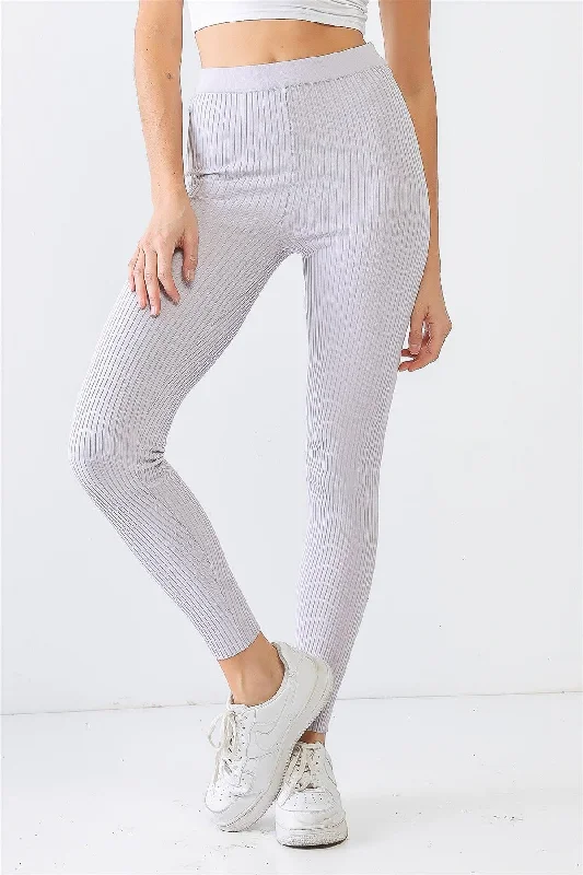 High-end Sense Light Purple Ribbed Stretchy Athletic Leggings /3-2-1