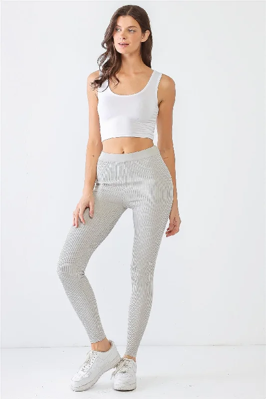 Versatile Itinerary Silver Ribbed Stretchy Activewear Athletic Leggings /3-2-1