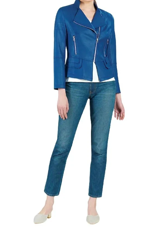 Modern Tailoring Biker Leather Jacket In Liquid Colbalt