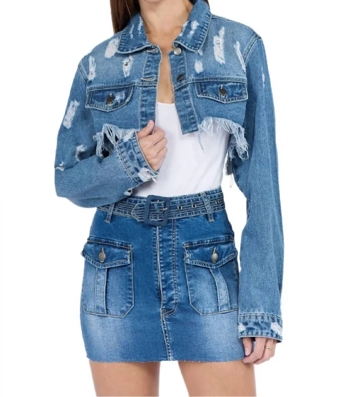 Personalized Design Chic Cropped Distressed Denim Jacket In Blue