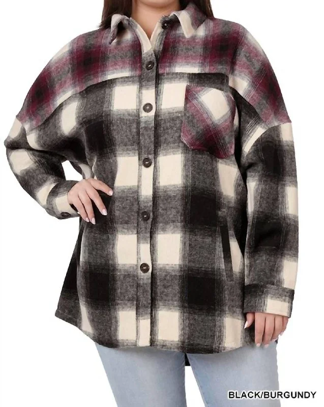 Elegant And Casual Colorblock Plaid Longline Shacket In Black And Burgundy