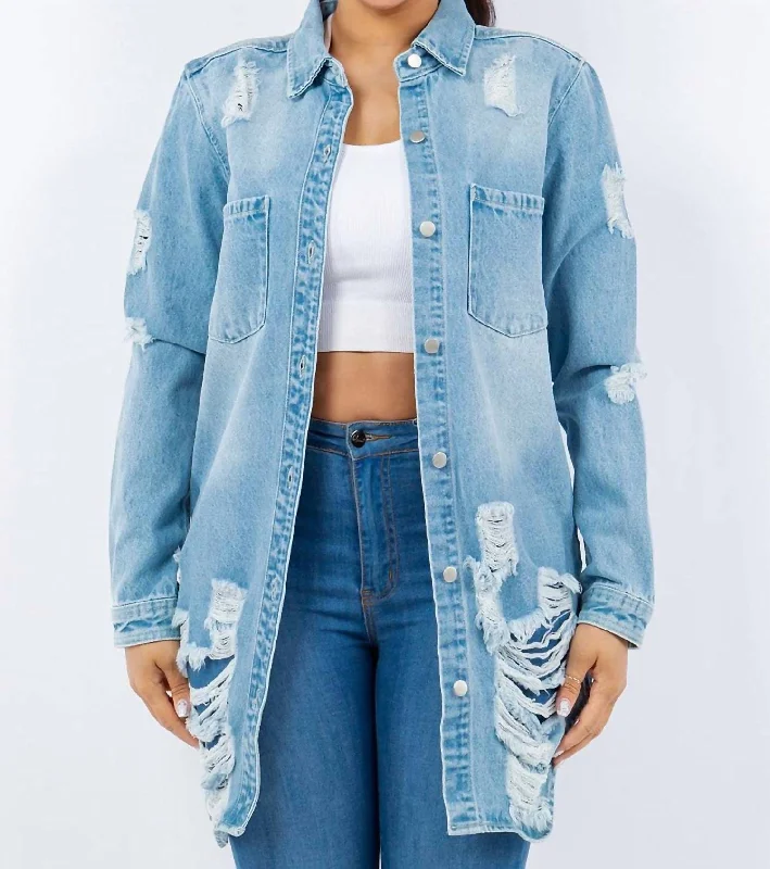 Breathable Design Distressed Button Up Long Sleeve Denim Jacket In Light Blue