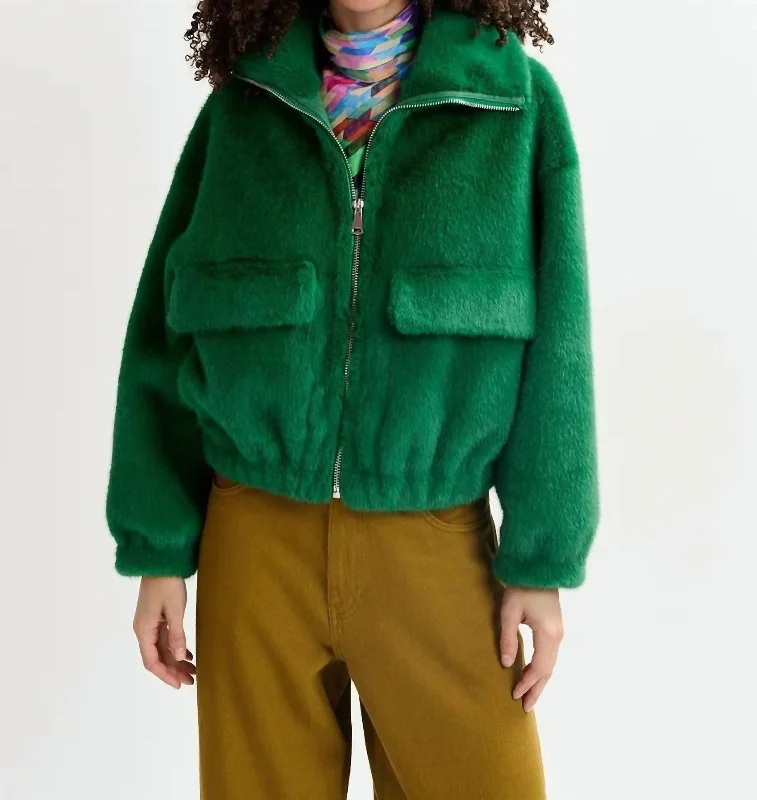 Classic And Versatile Genz Faux Fur Bomber Jacket In Dark Green