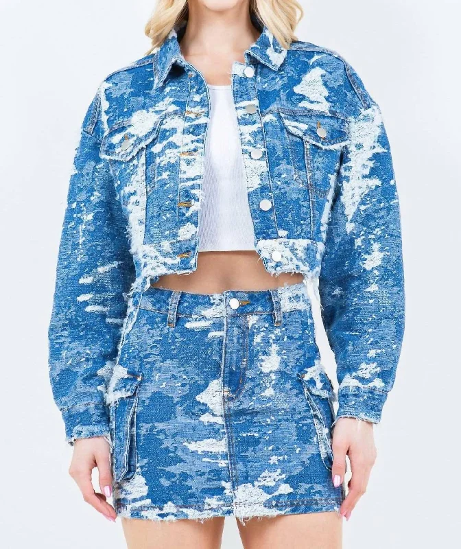Spring Fashion Jacquard Trim Cropped Denim Jacket In Blue Combo