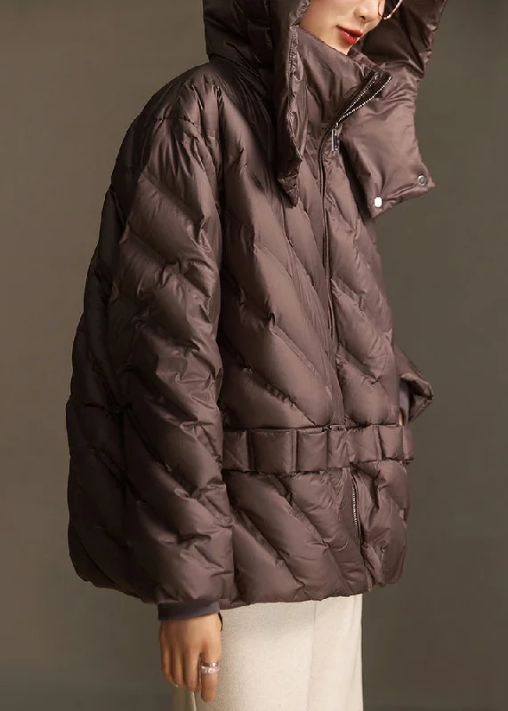 Basic Comfort Loose Coffee Hooded Zippered Drawstring Duck Down Coats Winter