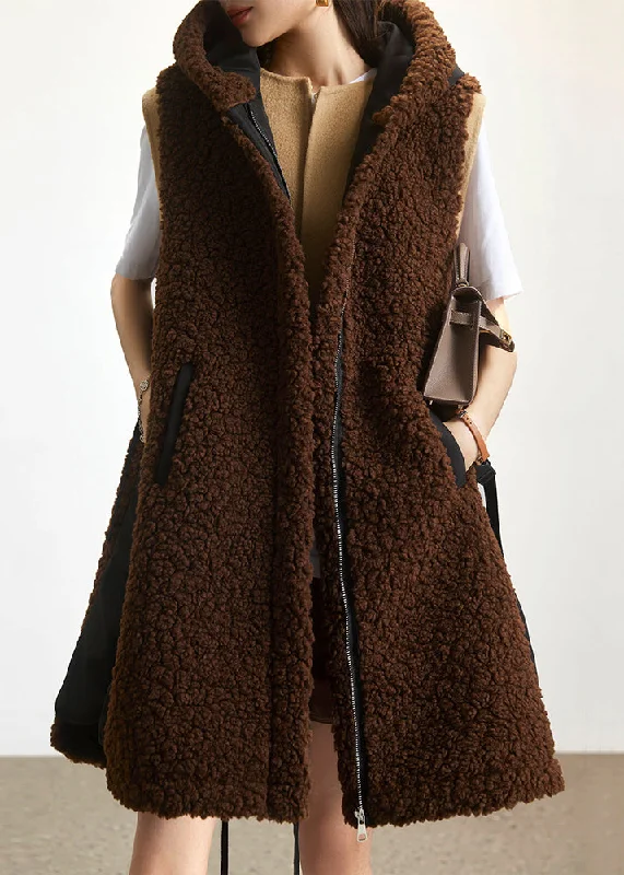 Cozy Fit Wear Loose Coffee Hooded Zippered Patchwork Teddy Faux Fur Waistcoat Sleeveless
