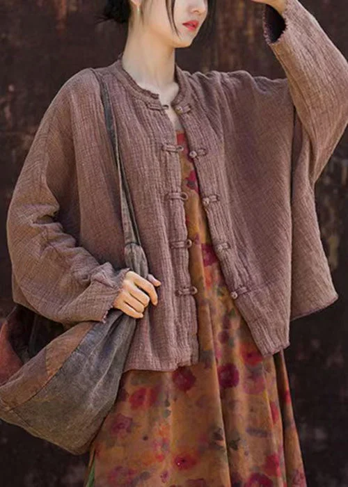 Personal Design Loose Coffee O Neck Button Cotton Coats Batwing Sleeve