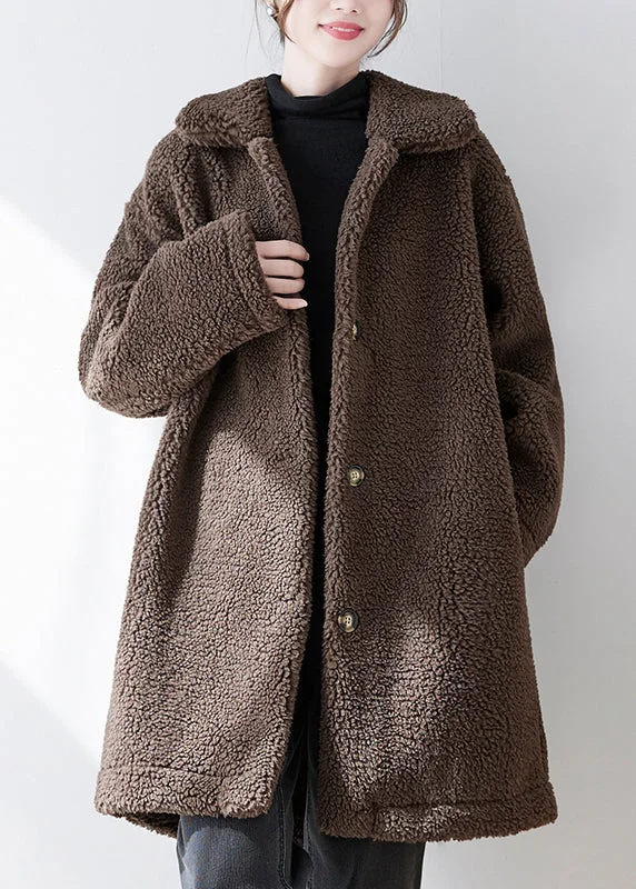 Breezy Outfits Loose Coffee Peter Pan Collar Pockets Button Faux Fur Coat Fall