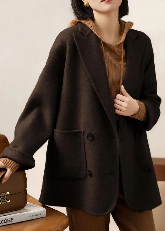 French Style Loose Coffee Peter Pan Collar Pockets Patchwork Woolen Coats Winter