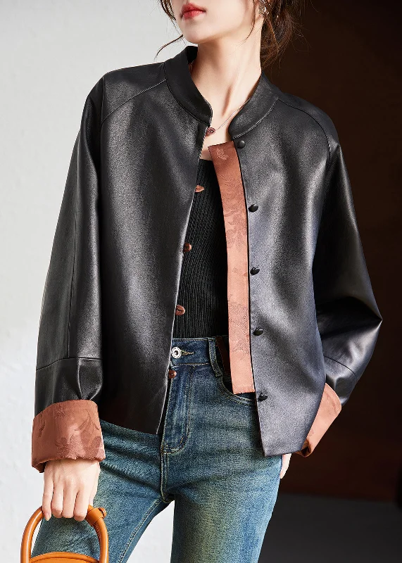 Cozy Fitting Loose Coffee Stand Collar Button Patchwork Faux Leather Coat Long Sleeve