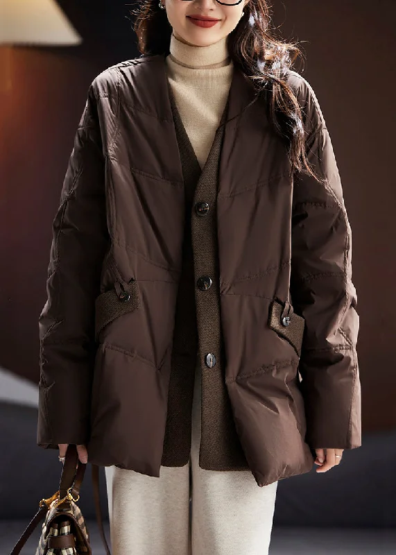 Soft Touch Loose Coffee V Neck Button Pockets Duck Down Coats Long Sleeve