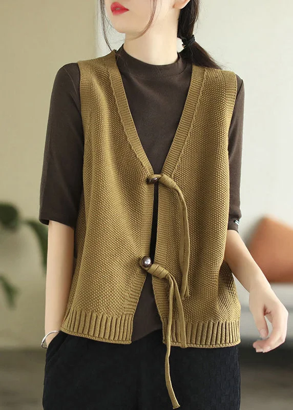 Soft Fabrics Loose Dark Khaki V Neck Button Knit Waistcoat Sleeveless