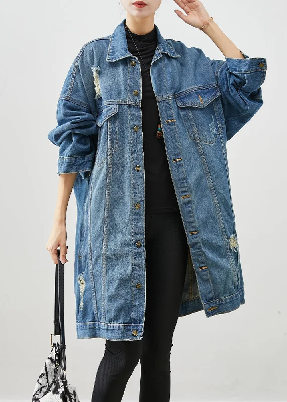 French Retro Loose Denim Blue Oversized Pockets Cotton Ripped Coats Fall