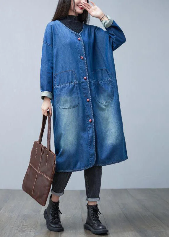 Breathable Style Loose Denim Blue V Neck Patchwork Pockets Cotton Trench Coats Spring