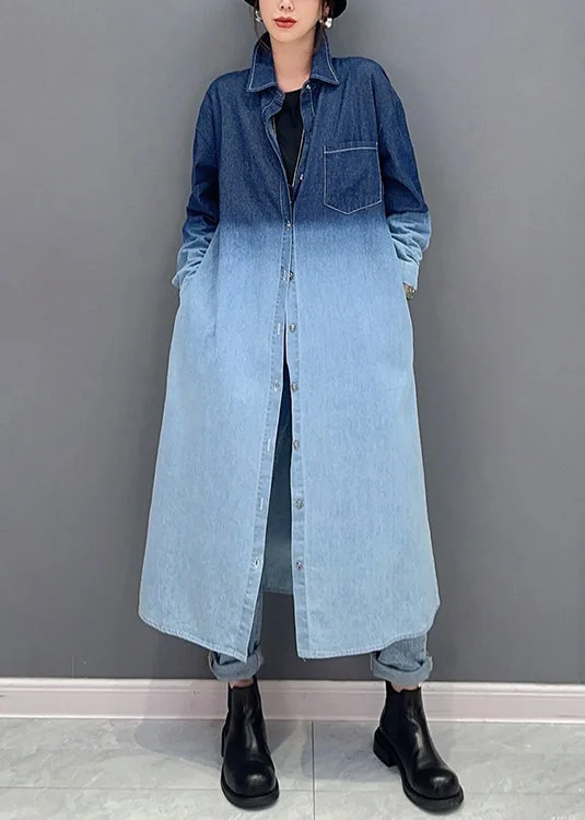 College Style Loose Gradient Color Button Pockets Denim Long Coat Fall