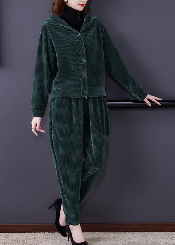 Urban Style Loose Green Button Hooded Corduroy Coats And Harem Pants Two Pieces Set Long Sleeve
