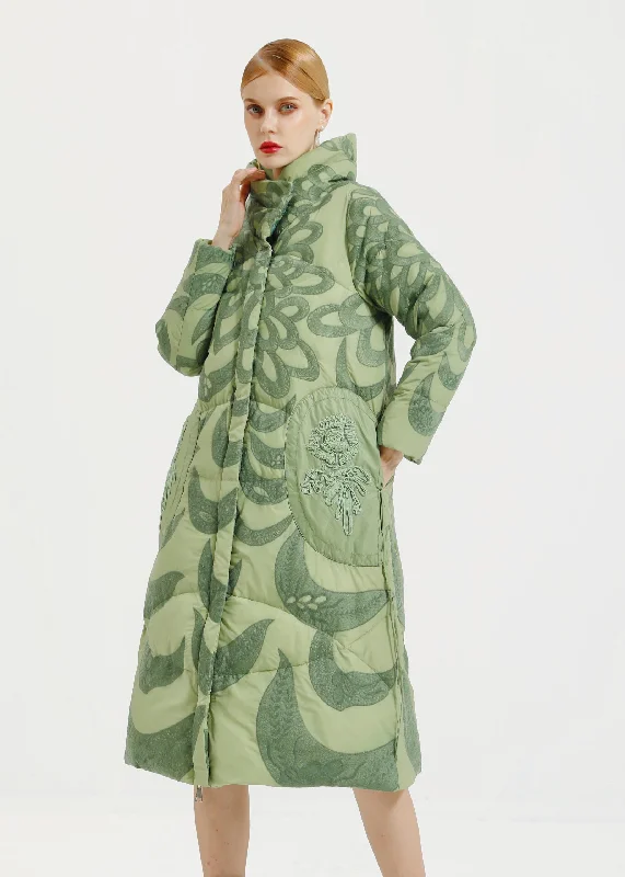 Cozy Chic Loose Green Hooded Embroideried Patchwork Duck Down Long Coat Winter