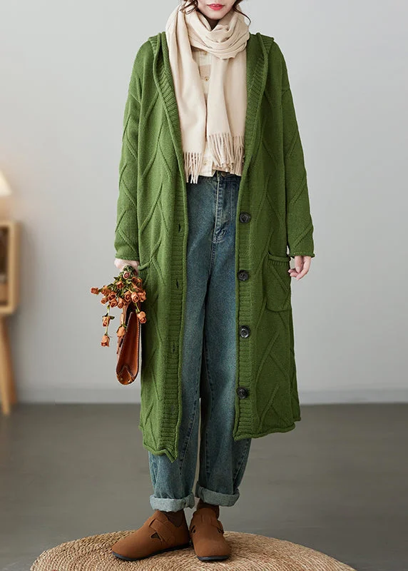 Easy Chic Wear Loose Green Hooded Pockets Patchwork Knit Cardigan Coat Fall