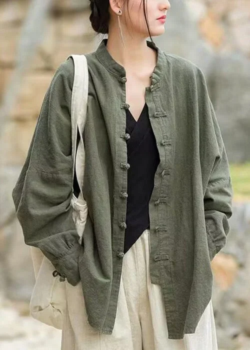 Timeless Comfort Loose Green Solid Button Cotton Coats Long Sleeve