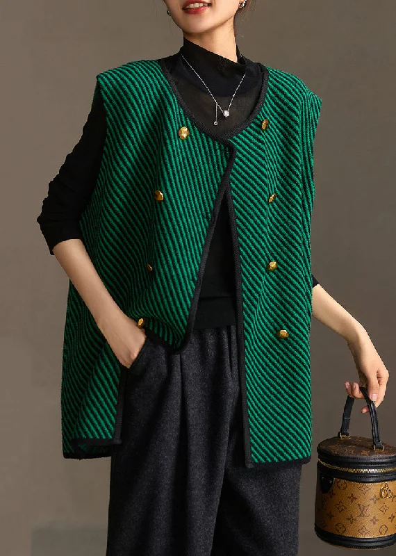 Cozy Layers Loose Green Striped O Neck Button Knit Waistcoat Sleeveless
