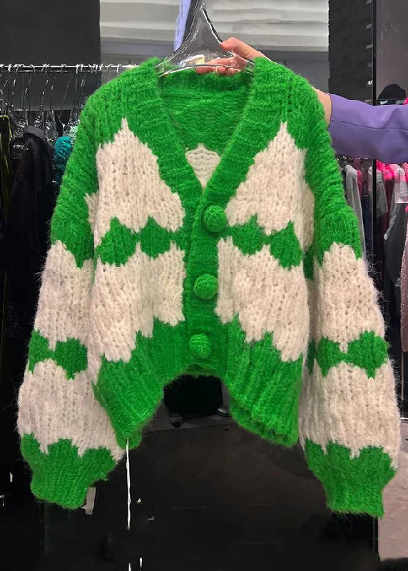 Casual Street Loose Green V Neck Button Patchwork Cotton Knit Coats Fall