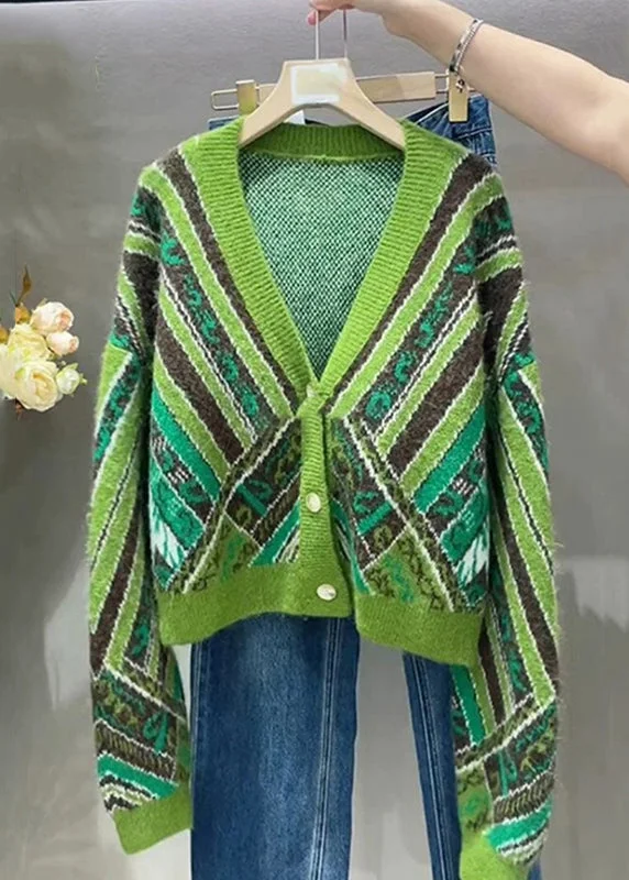Bottom And Versatile Loose Green V Neck Button Patchwork Knit Coats Fall