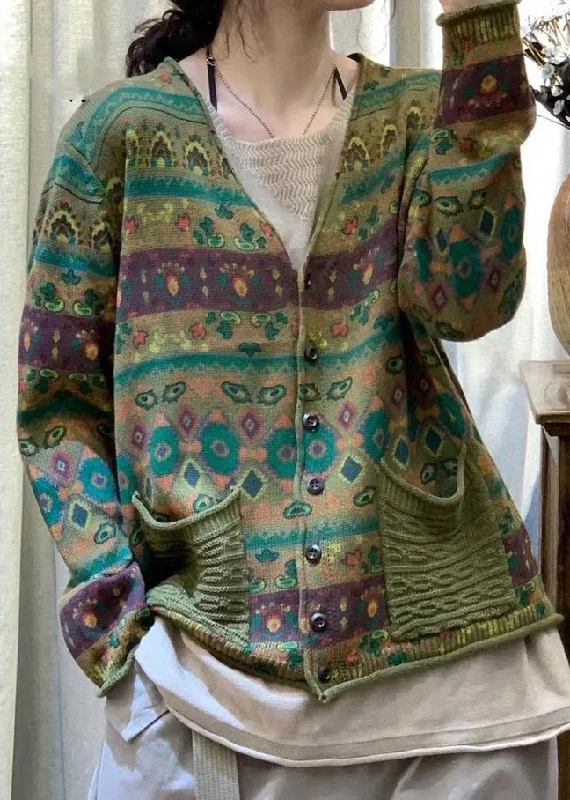 Casual Wear Loose Green V Neck Button Pockets Knit Coat Spring