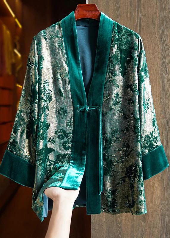 Advanced Customization Loose Green V Neck Jacquard Patchwork Silk Velour Coats Fall