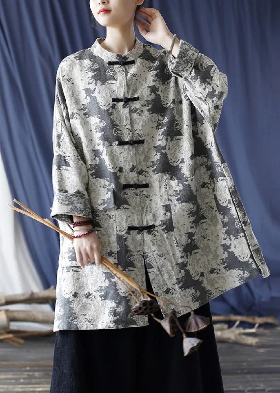 Exquisite Tailoring Loose Grey Button Print Pockets Cotton Coats Long Sleeve
