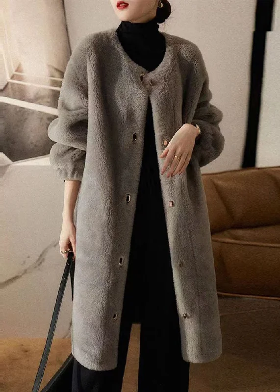 Versatile Itinerary Loose Grey O Neck Pockets Patchwork Wool Coats Winter